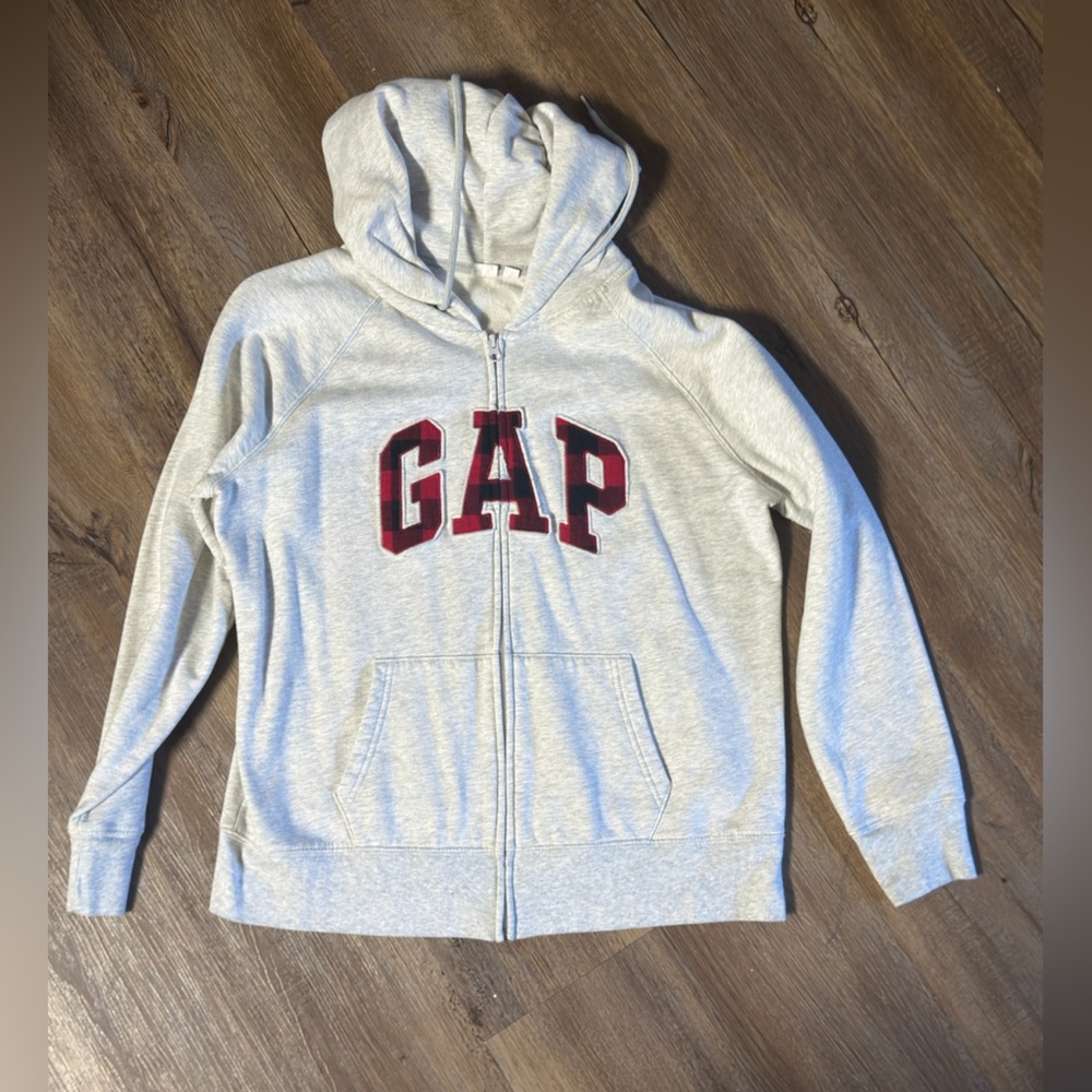 GAP Heather Gray Hooded Zip Sweatshirt with Navy Logo